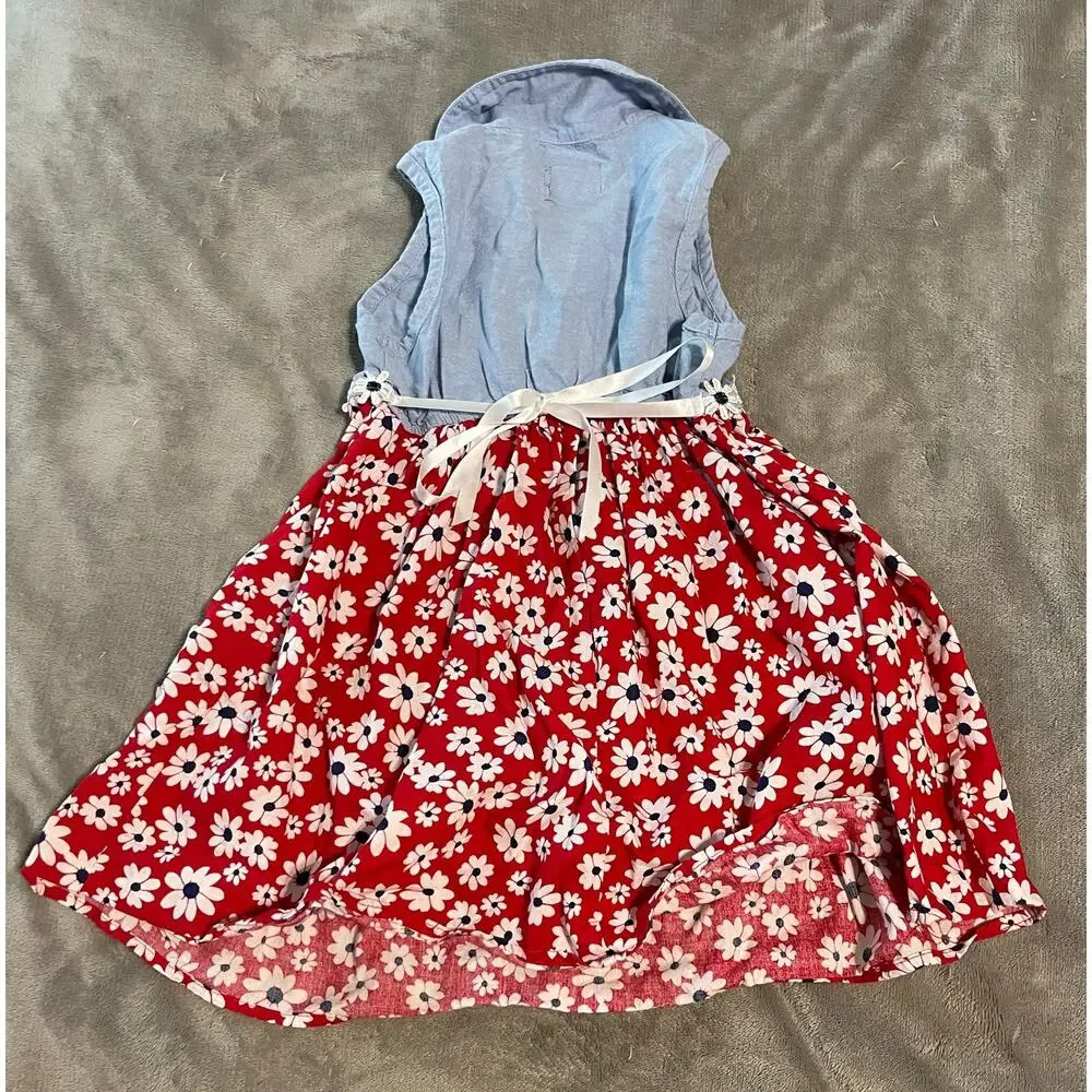Pinky Girl USA Red White Blue Floral Denim Sleeveless Dress Light Causal SZ 5 - Picture 3 of 5